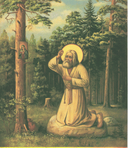 St seraphim praying on a rock